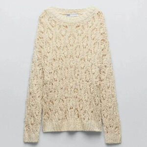 Zara Cotton Pointelle Open Knit Sweater Ecru White NWT Size Small